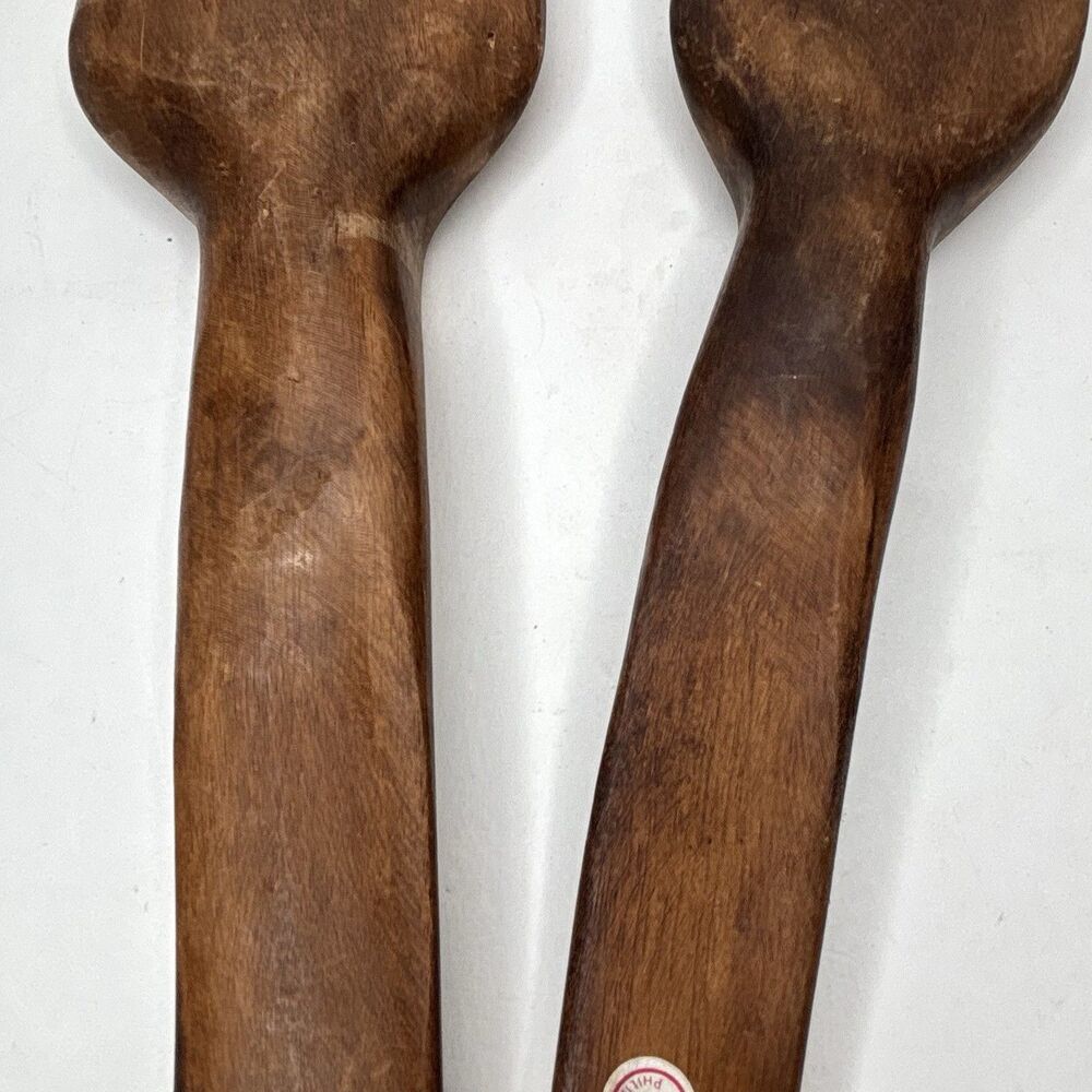 Vintage Made in Philippines 12” Carved Wood Salad Serving Spoon Fork Set MCM - Picture 7 of 16